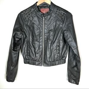Miss London gray faux leather Moto jacket w silver spiky studs size medium M B62